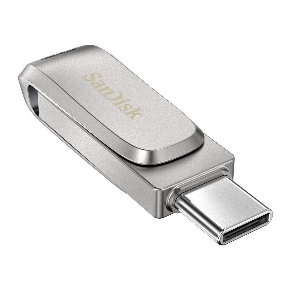 SanDisk Ultra dual-drive flash drive, side view showing USB-C port, silver finish