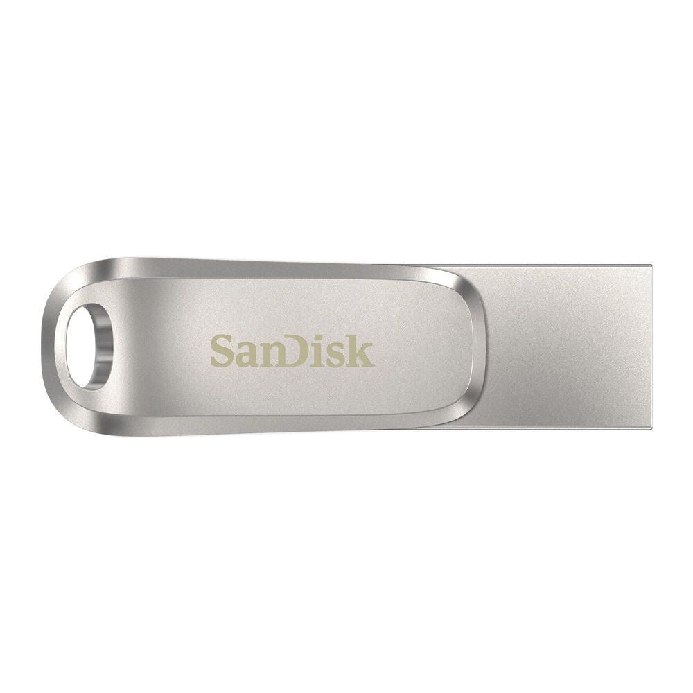 SanDisk Ultra dual-drive flash drive, silver body with SanDisk logo and key ring hole