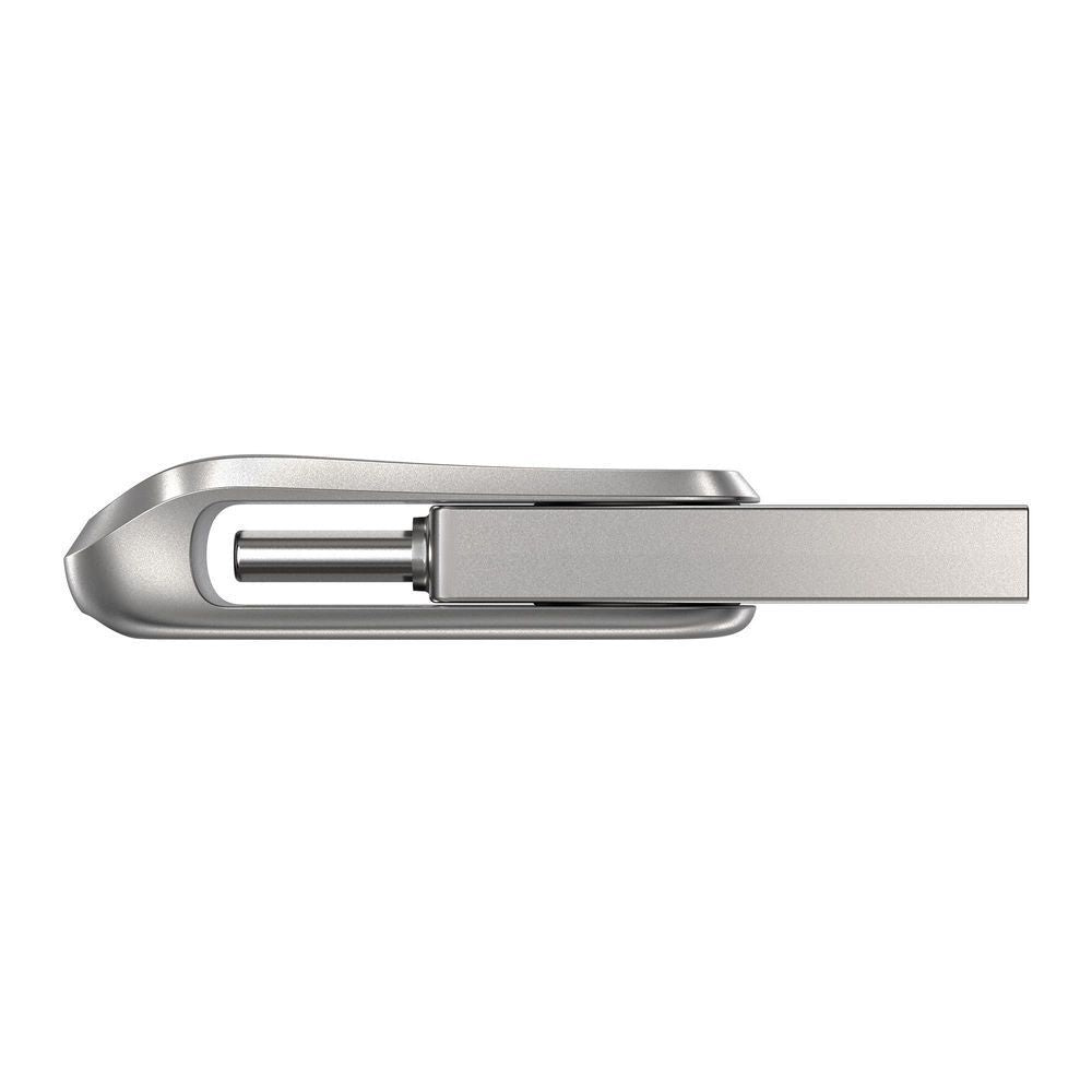 SanDisk Ultra dual-drive flash drive, underside view showing USB-A slot, silver metal