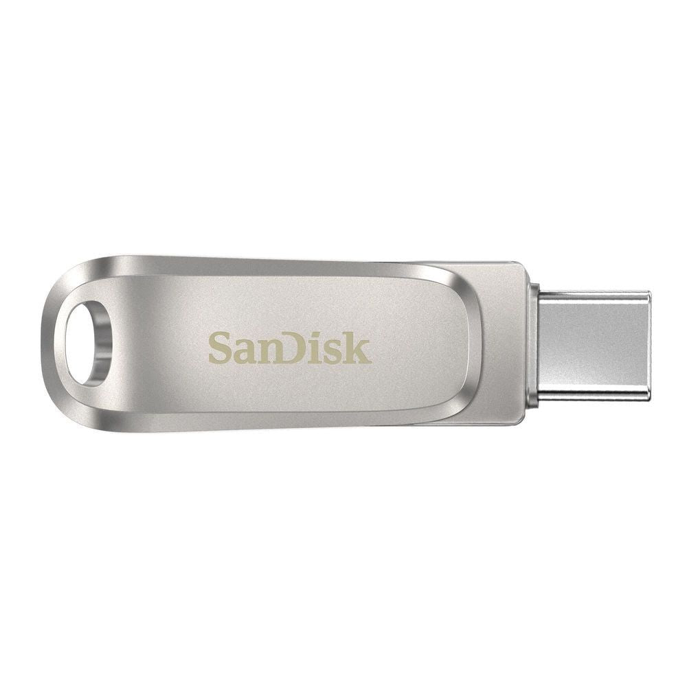 SanDisk Ultra dual-drive flash drive, front view with USB-C plug extended, silver