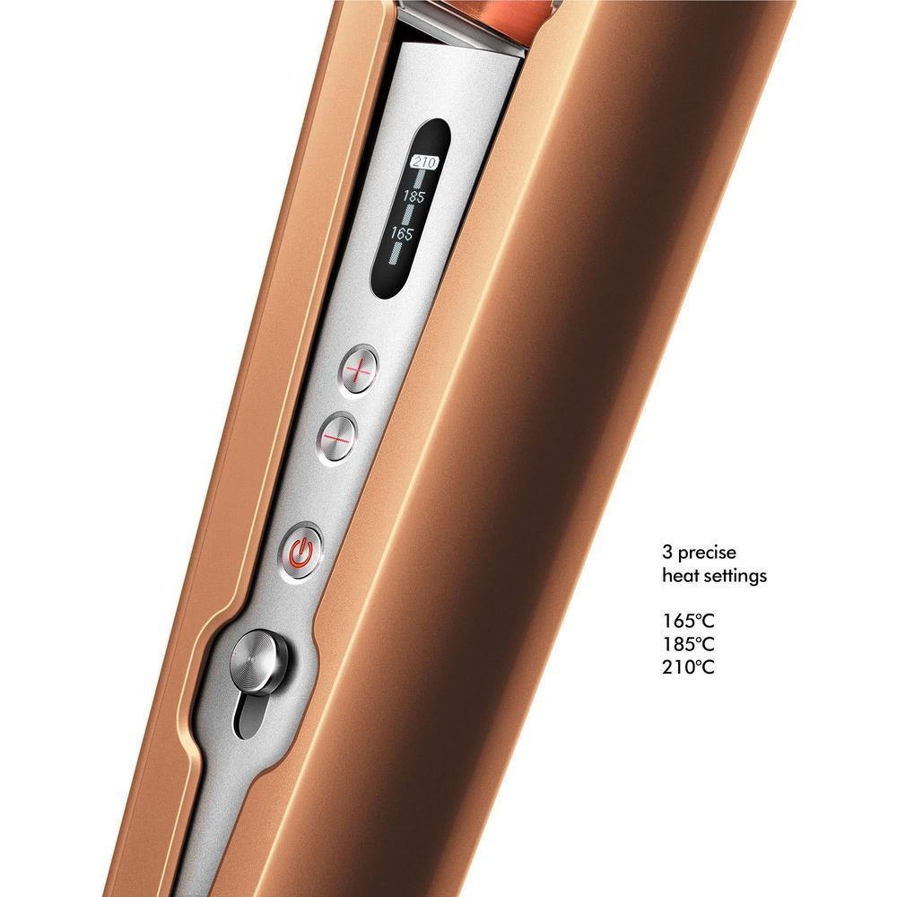 Copper hair straightener control panel with three heat settings indicator