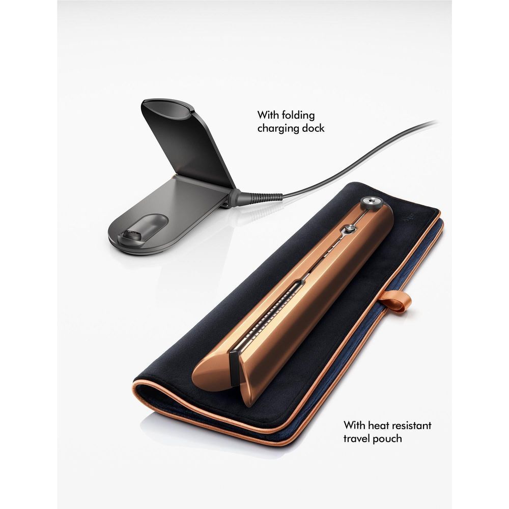 Copper cordless straightener with foldable charging dock and heat-resistant travel pouch