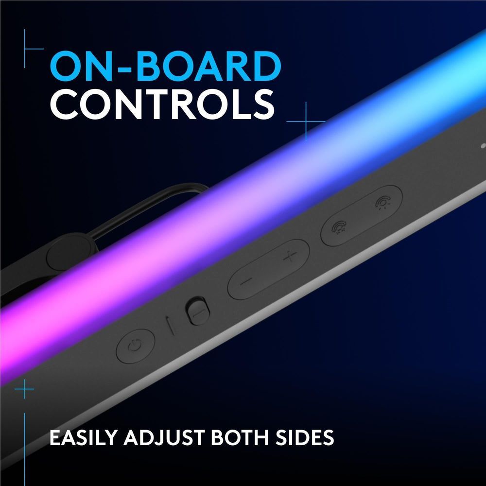 Gray light bar with built-in control buttons and purple-blue RGB gradient diffuser.