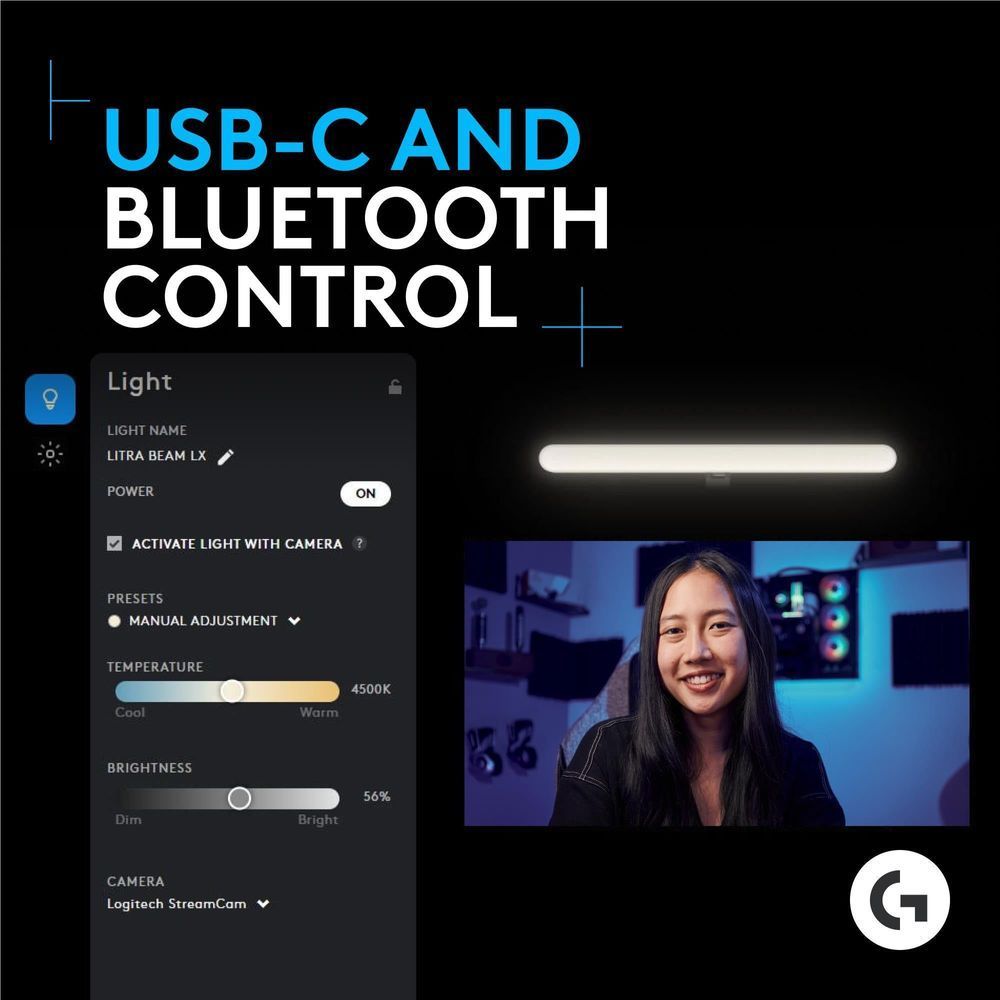 White RGB key light bar with USB-C and Bluetooth connectivity for streaming control.