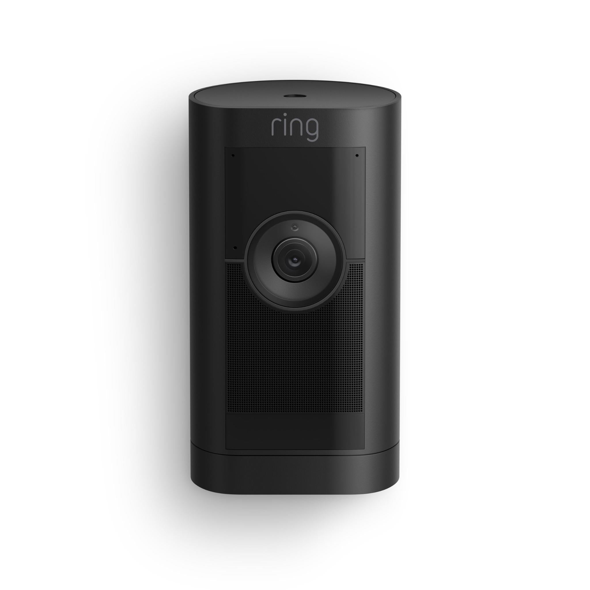 Black Ring indoor/outdoor stick-up security camera with front lens and speaker grille