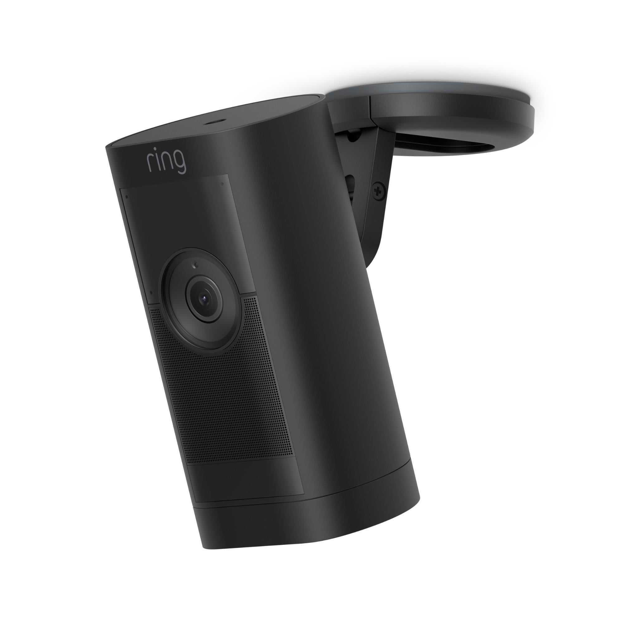 Black stick-up security camera, side view with mounted arm and front lens