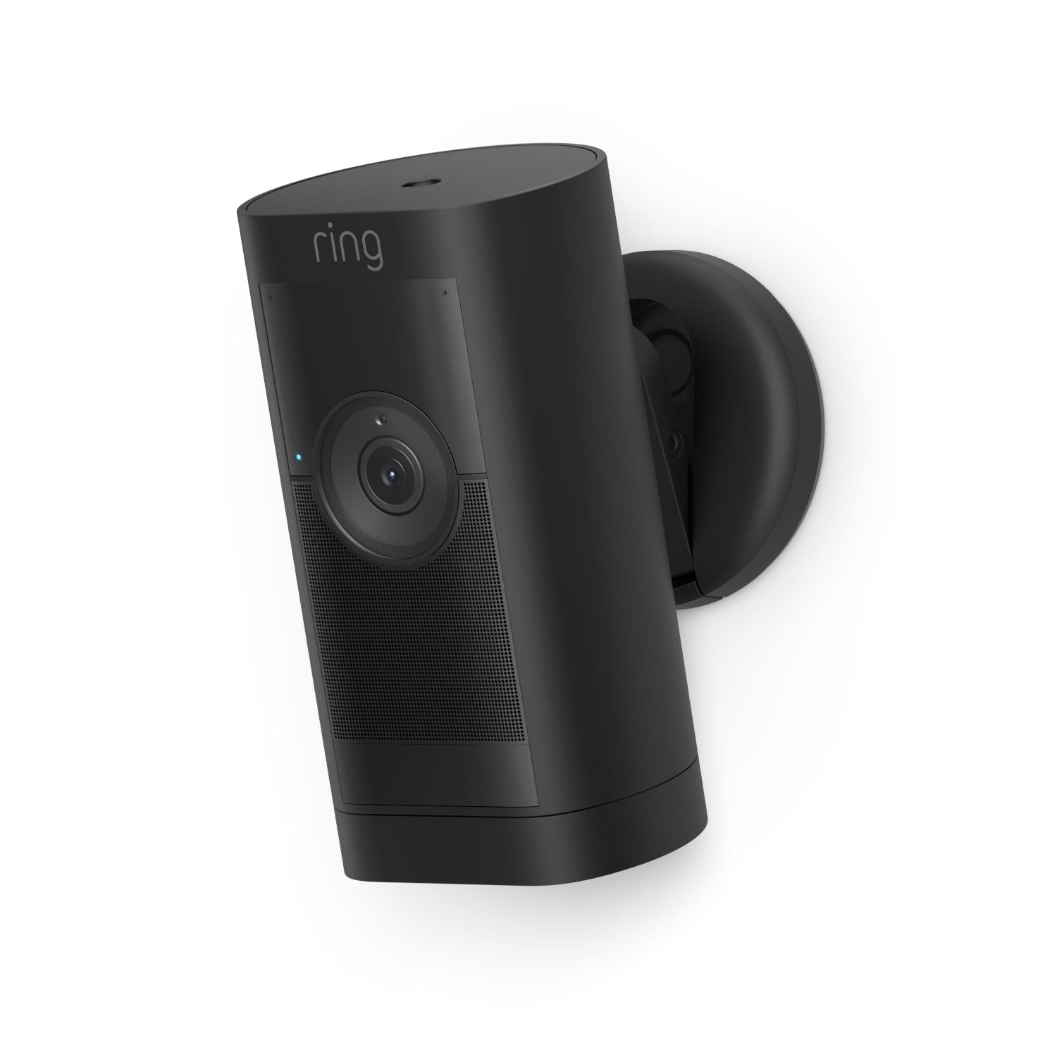 Black stick-up security camera with wall mount bracket and front lens