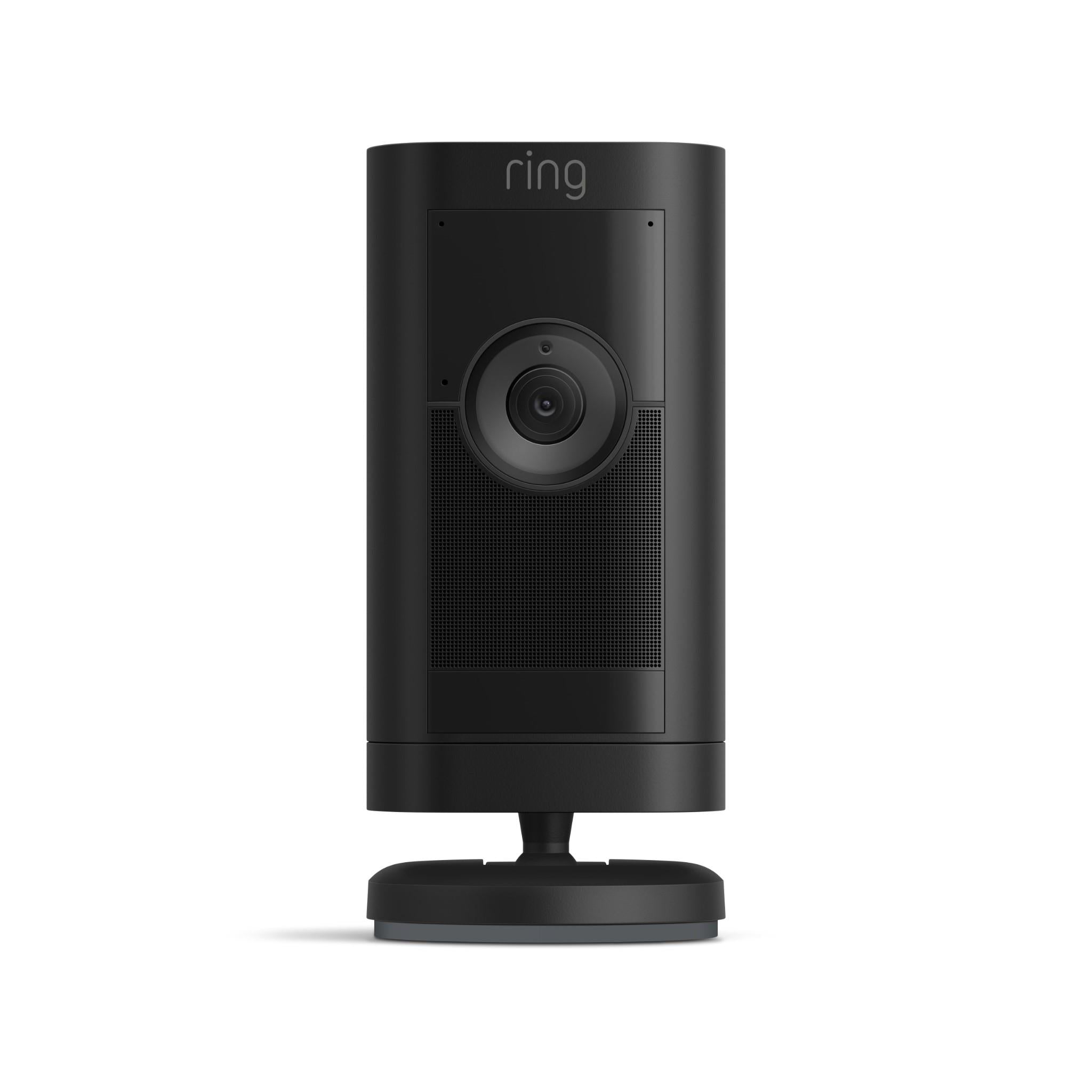 Black Ring security camera with stand base and front lens panel