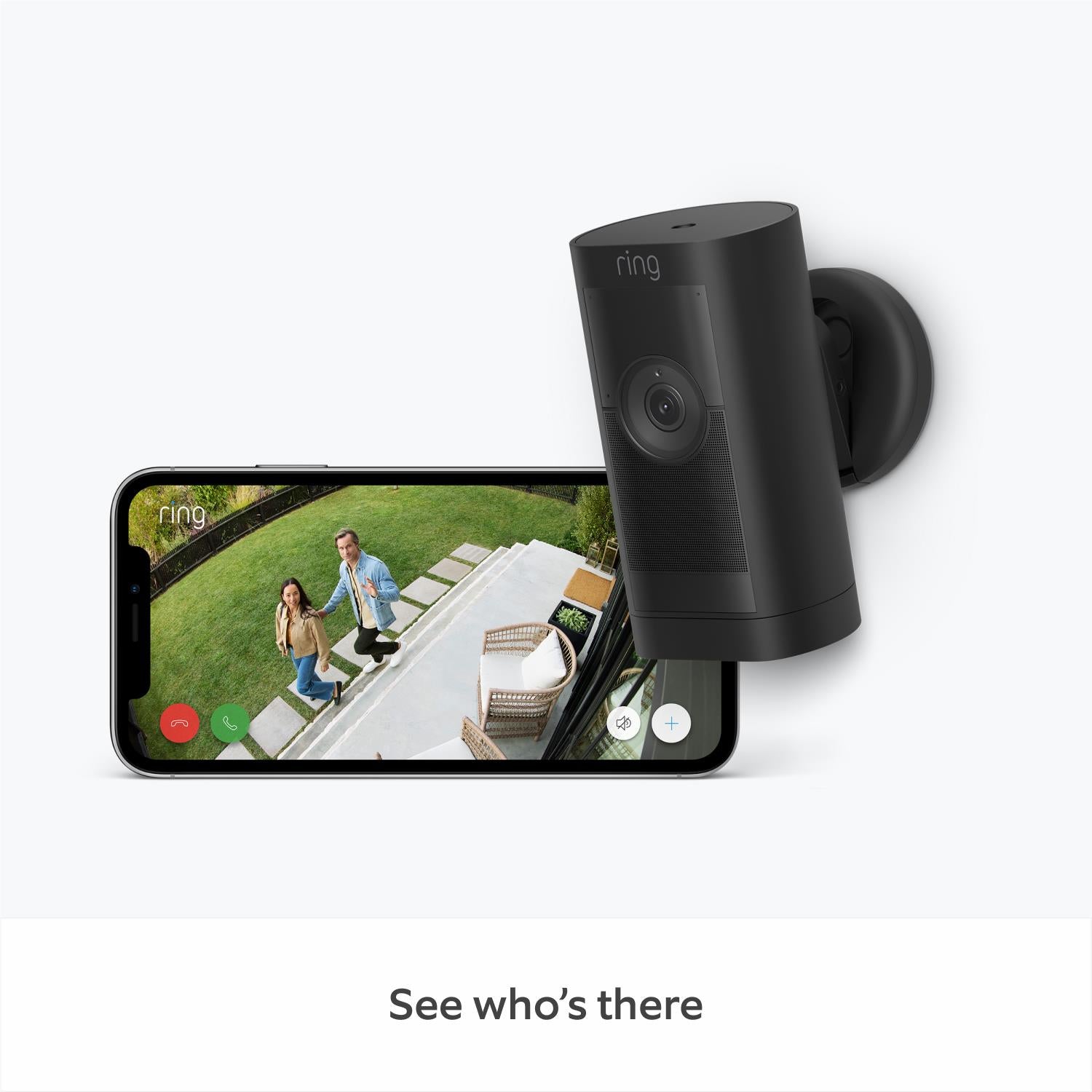 Black security camera with smartphone live video displaying people near home