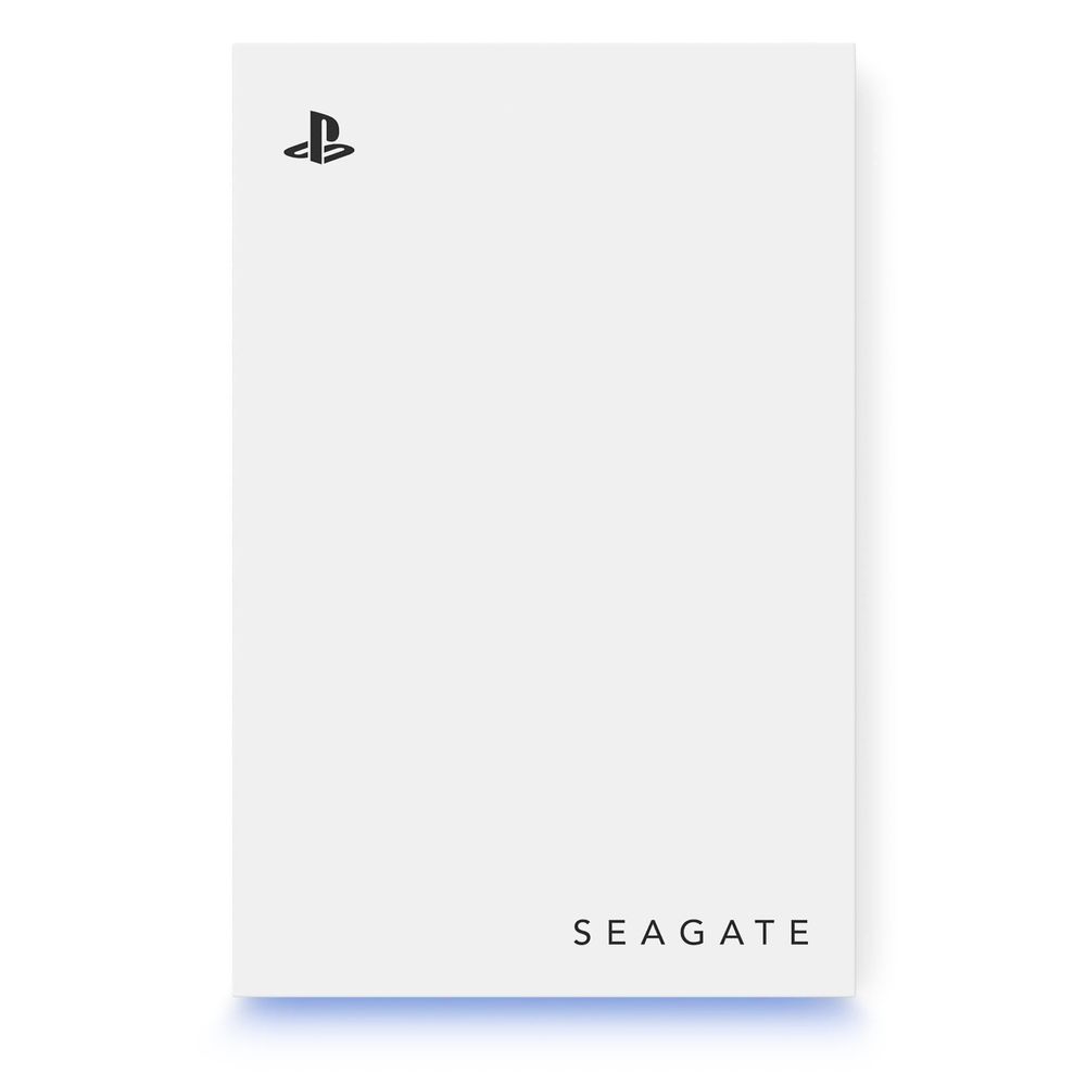 White Seagate portable hard drive box with PlayStation logo and SEAGATE text