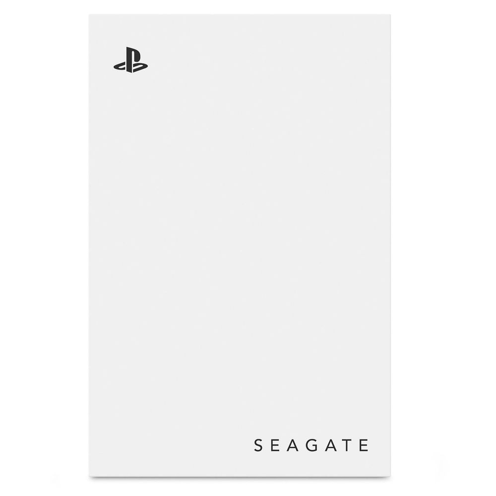 White hard drive box with PlayStation logo at top and SEAGATE text at bottom