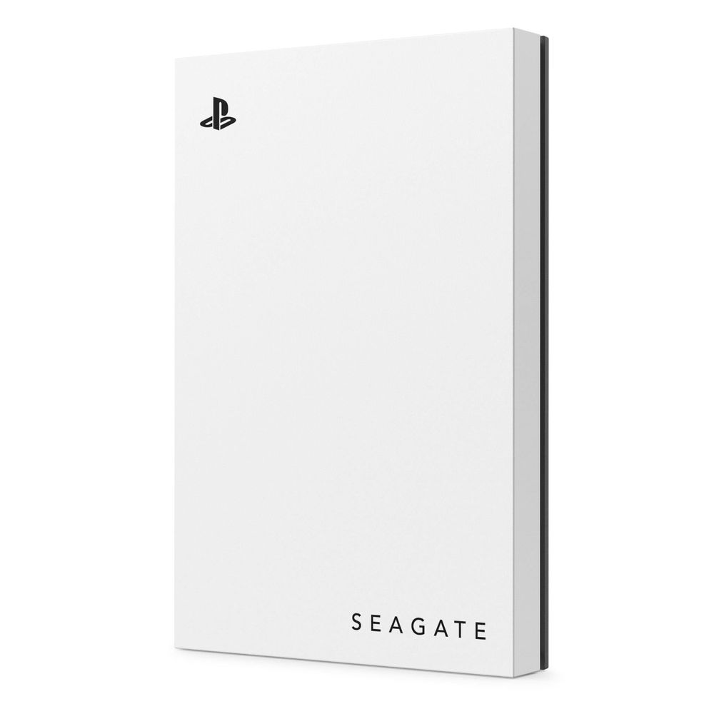 White Seagate portable hard drive box with black side edge and PlayStation logo
