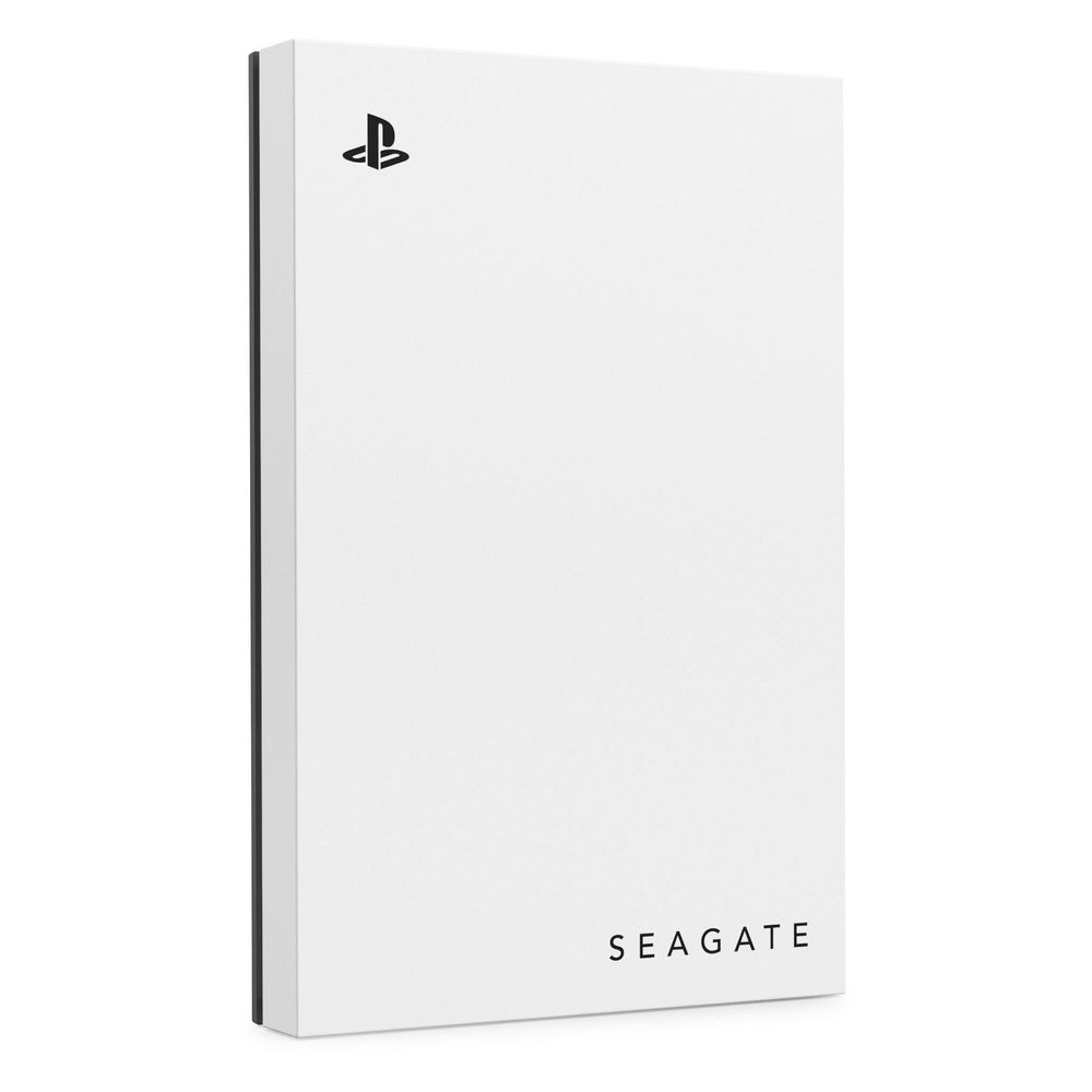 White Seagate portable hard drive box with PlayStation logo and black side panel