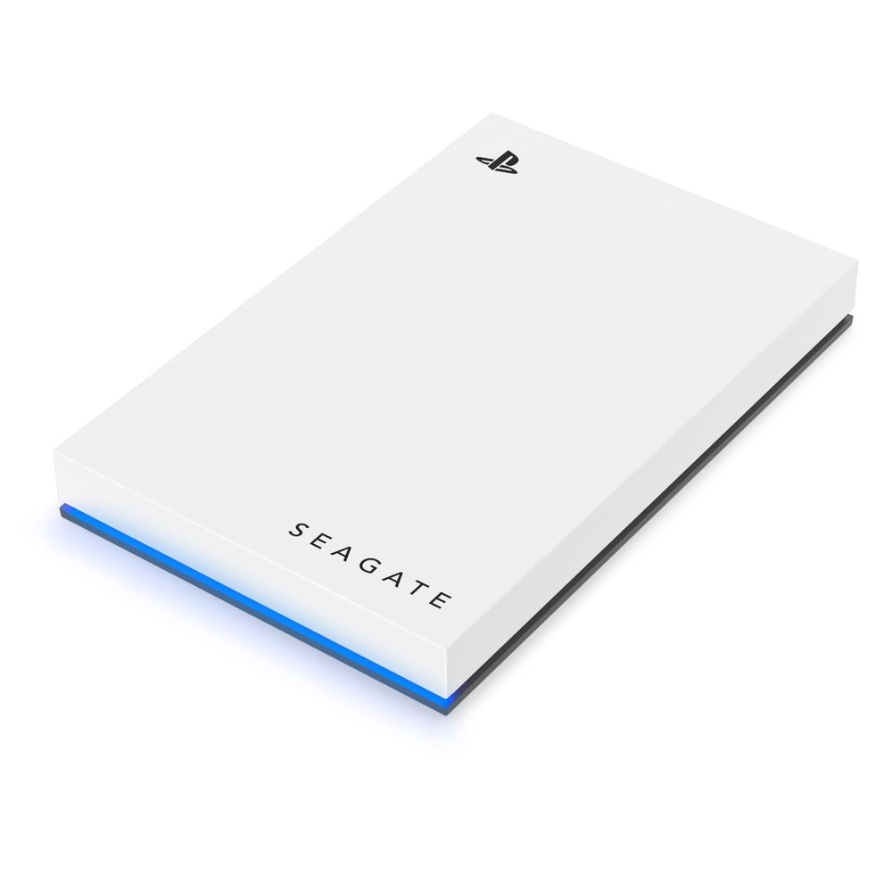 White Seagate portable hard drive with PlayStation logo and blue edge accent