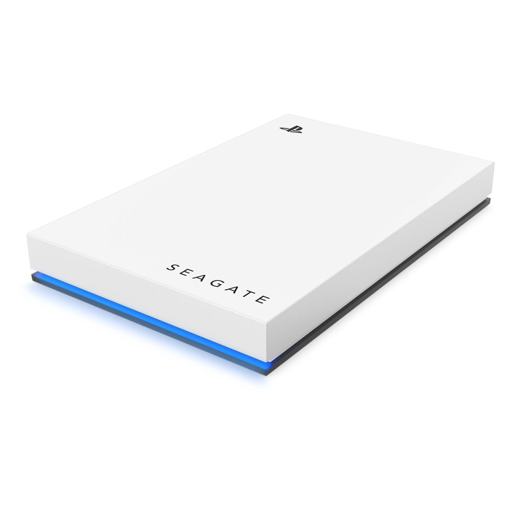 White Seagate portable hard drive with blue trim and SEAGATE lettering on top
