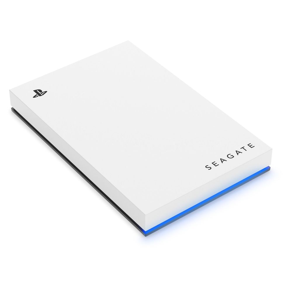 White Seagate portable hard drive with PlayStation mark and blue bottom edge