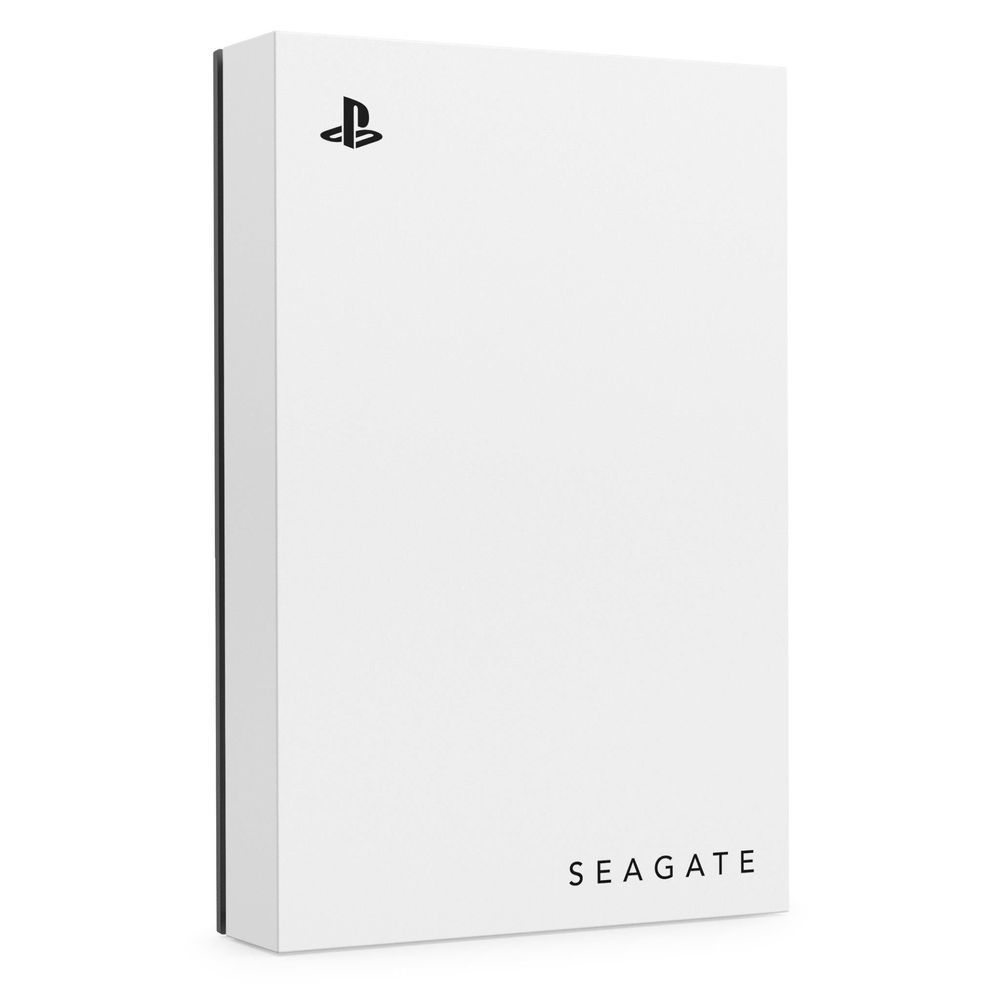 White portable hard drive with PlayStation logo and Seagate branding on front