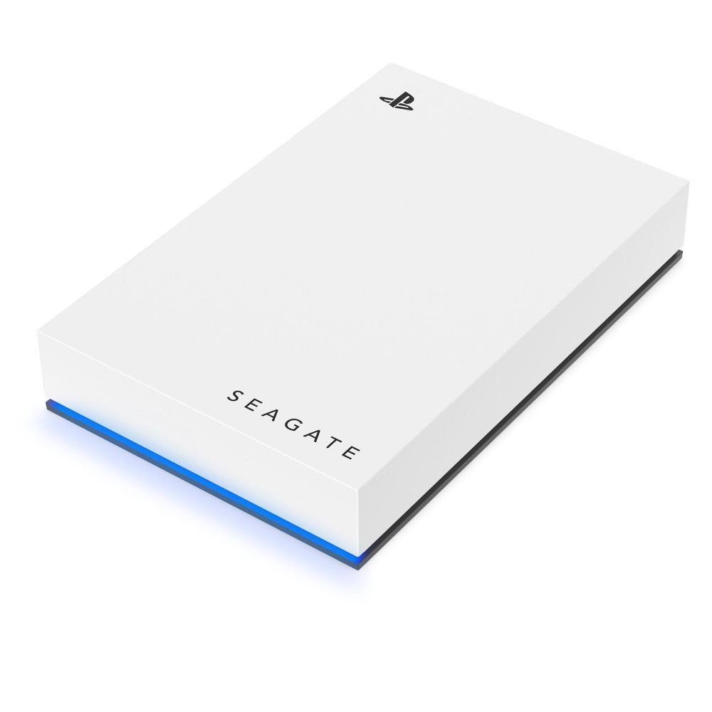White portable hard drive, blue trim edge, and Seagate logo on top