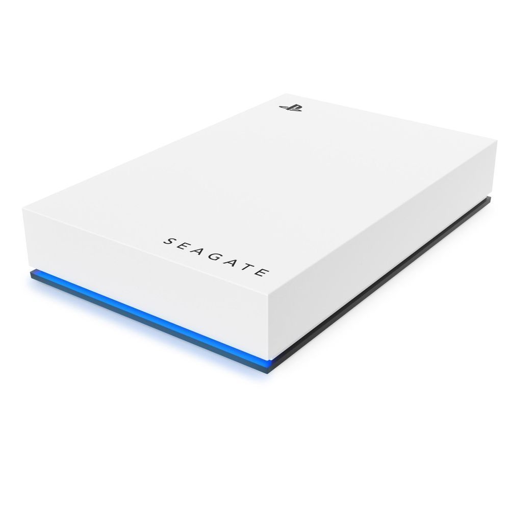 White portable hard drive with blue trim edge and Seagate logo on top surface