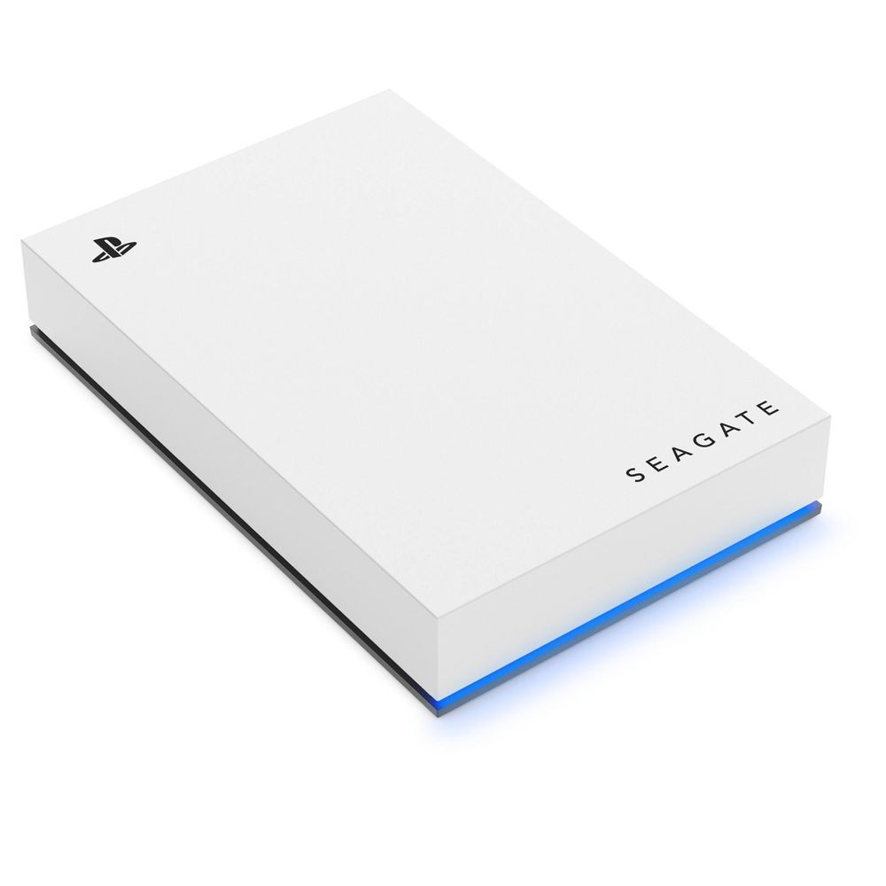 White portable hard drive with blue bottom edge and black side panel