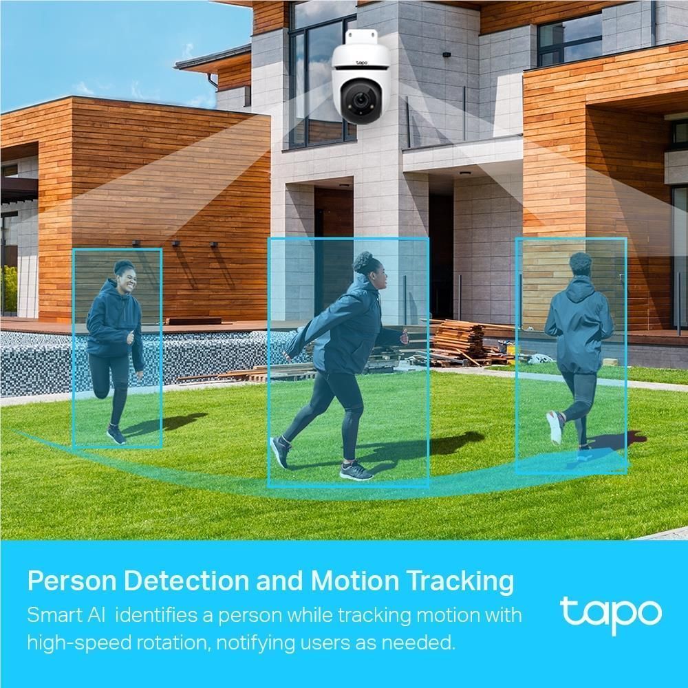 TP-Link Tapo outdoor pan-tilt Wi‑Fi security camera mounted under a house eave
