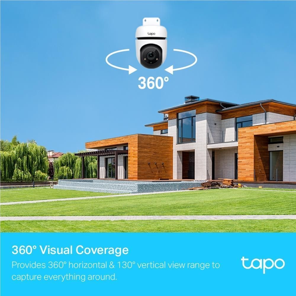 TP-Link Tapo outdoor pan-tilt Wi‑Fi security camera with 360° coverage graphic
