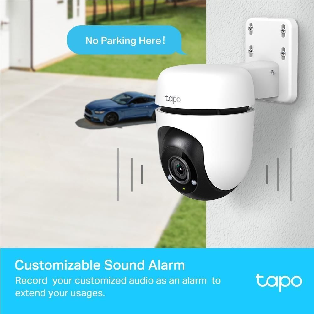 TP-Link Tapo outdoor pan-tilt Wi‑Fi security camera with sound alarm motion graphic