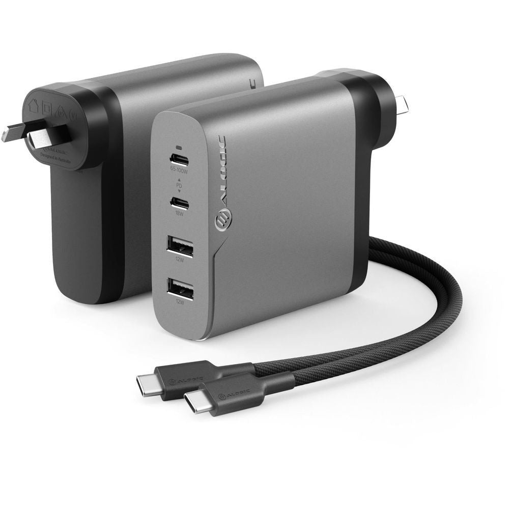 Space grey 4-port GaN USB charger with four vertical ports and USB-C cable