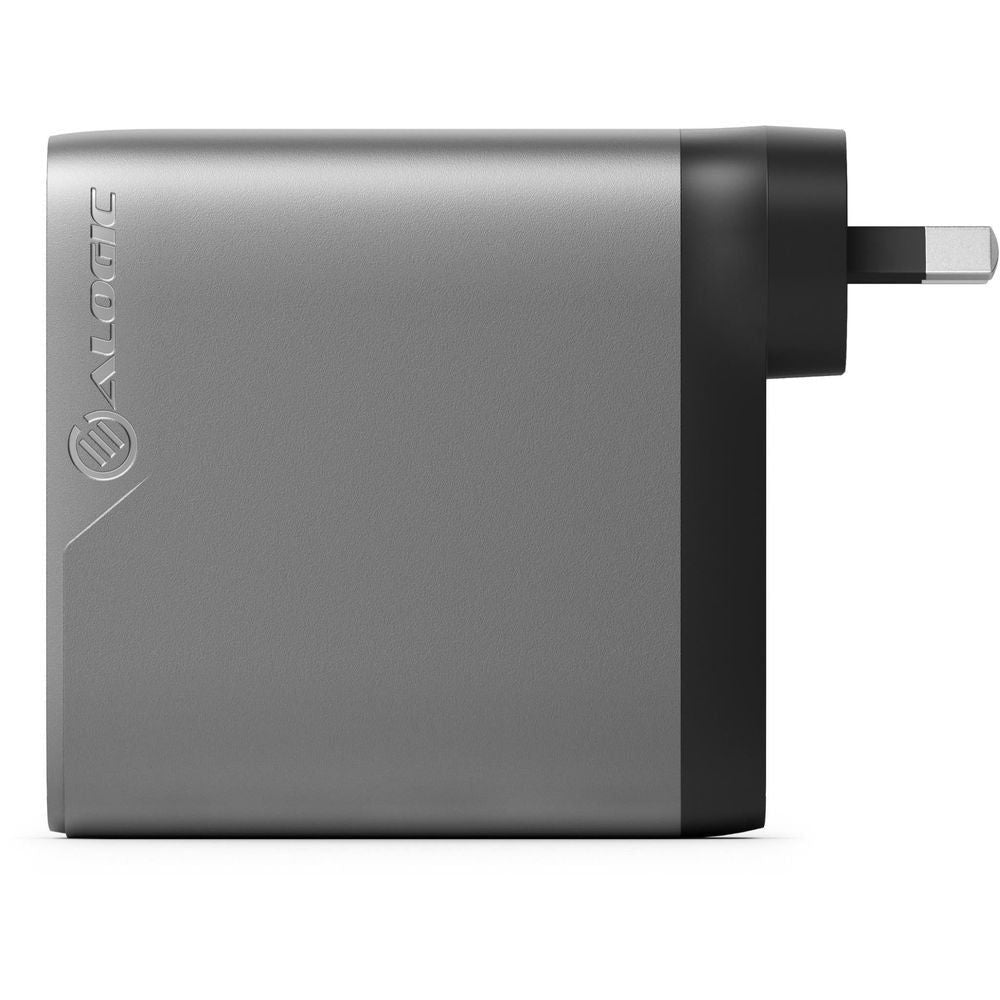 Space grey GaN charger with two-pin plug close-up, side view