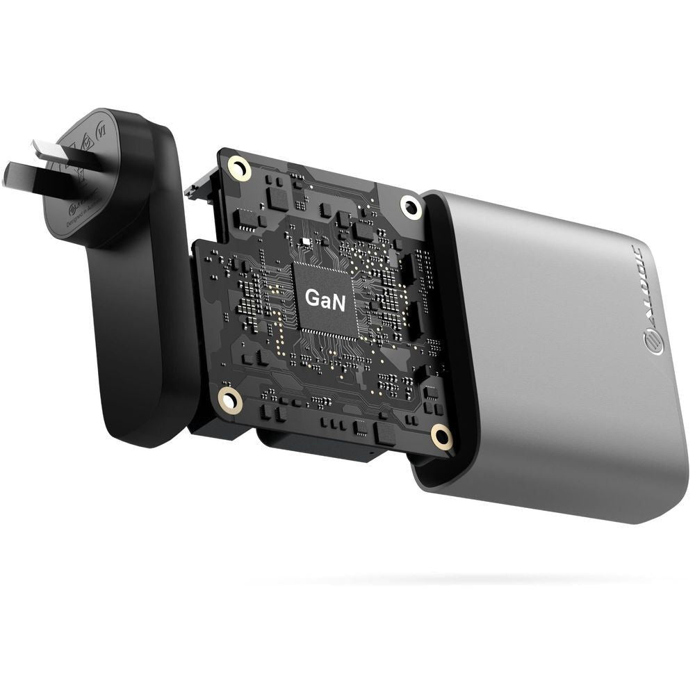 Space grey GaN charger PCB module with visible components labeled GaN
