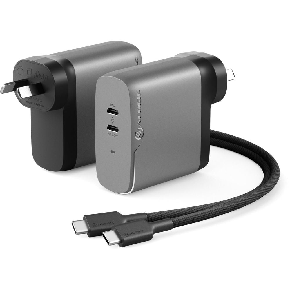Space grey two-port GaN wall charger with USB-C and USB-A ports, 68W