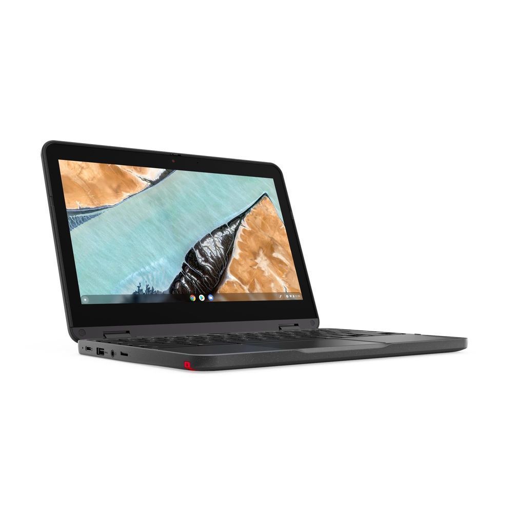 Lenovo 2-in-1 Chromebook viewed from side, dark body with open display