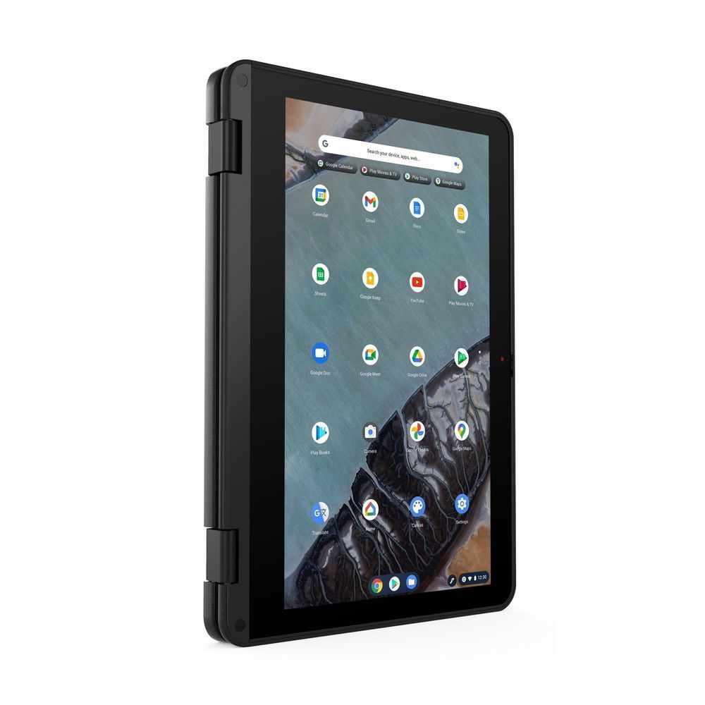 Lenovo 2-in-1 Chromebook front view with touchscreen showing apps