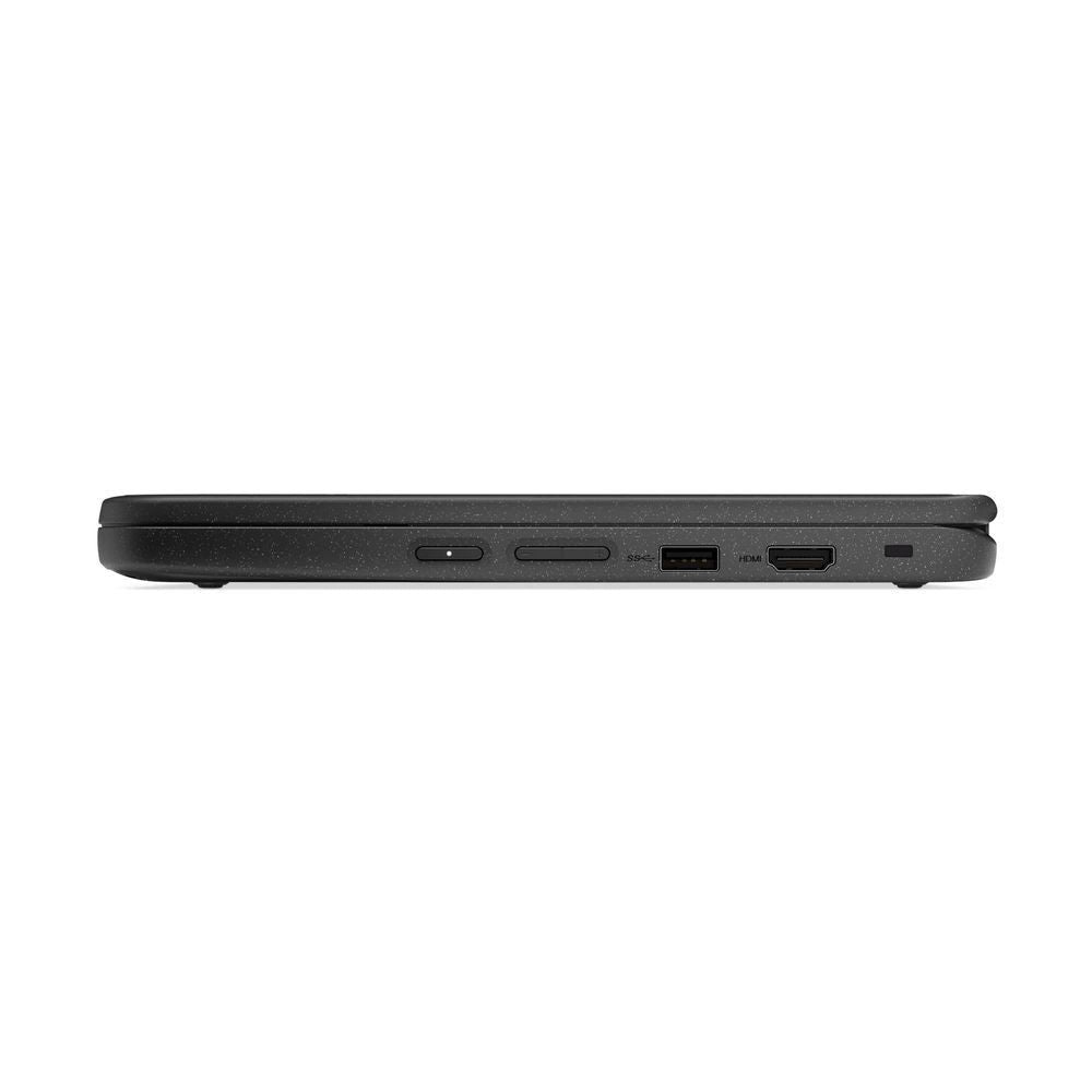 Lenovo 2-in-1 Chromebook side view showing ports and buttons, dark body