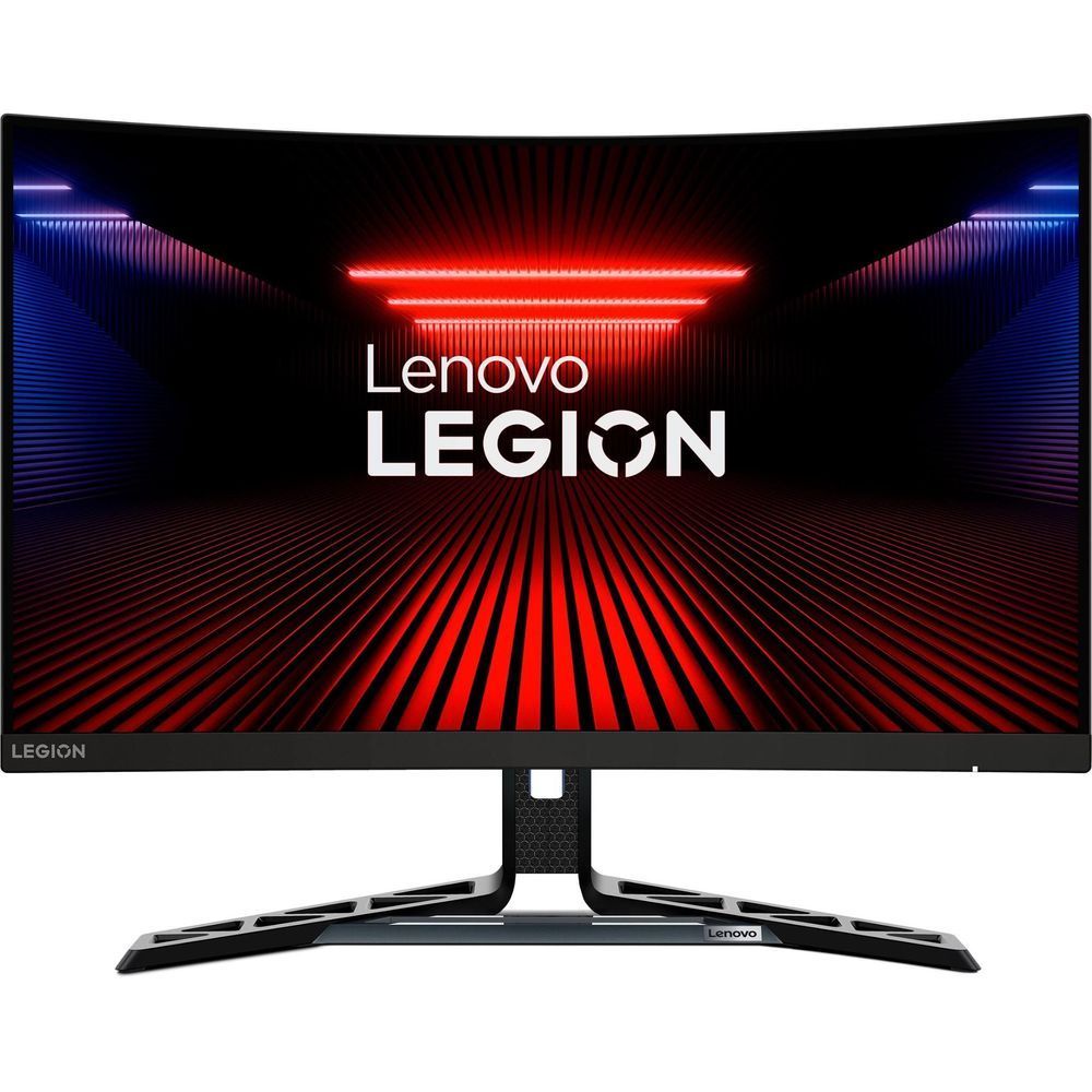 Curved gaming monitor with black bezel and center stand, front view with red-blue display.