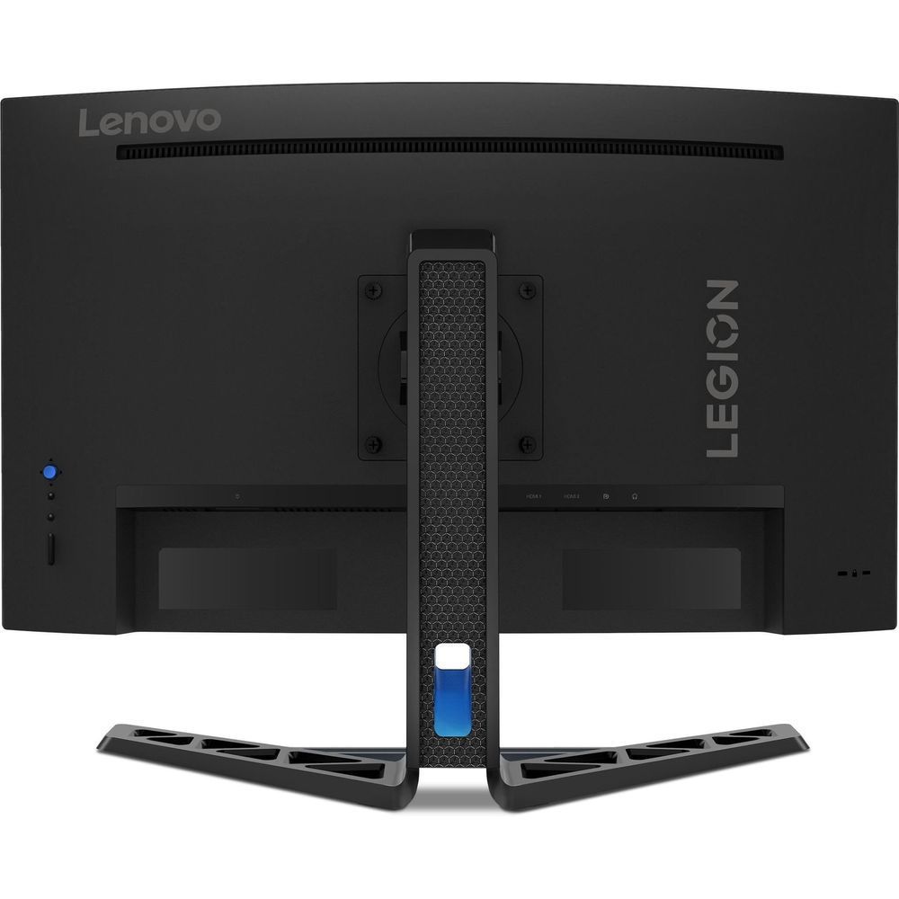 Curved gaming monitor rear view showing black back panel and central stand with blue accent.