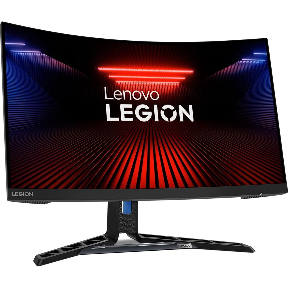 Curved gaming monitor side-front view with black bezel, center stand, and red-blue screen.