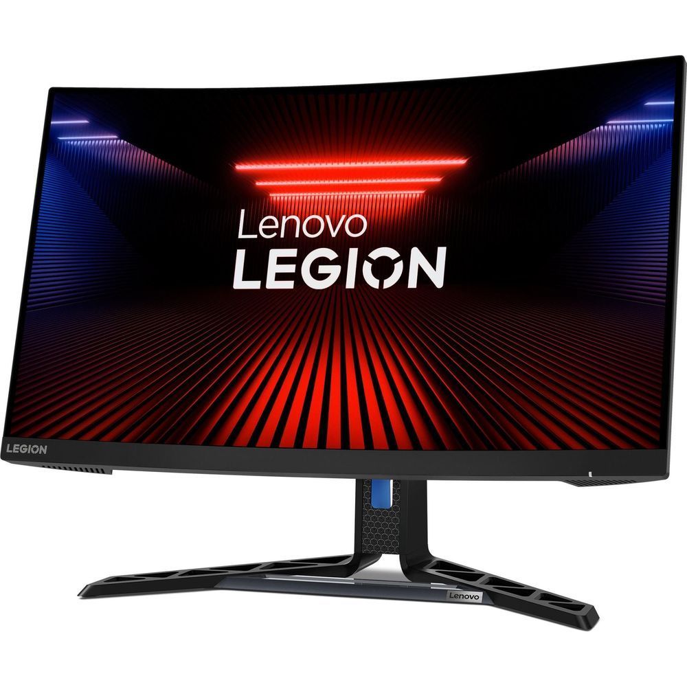 Curved gaming monitor front view with black bezel and base stand, showing red-blue screen.