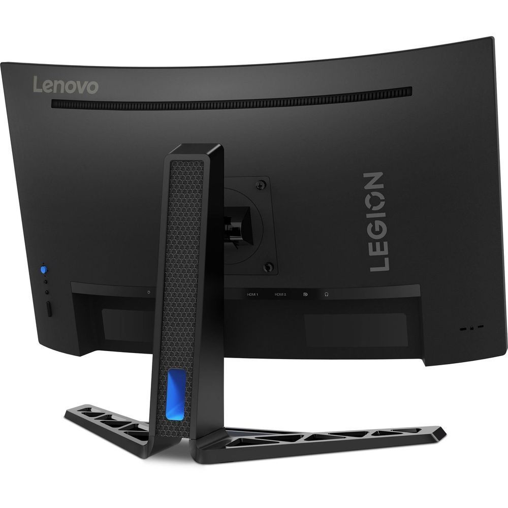 Curved gaming monitor rear view with black back panel, central textured stand, and base.