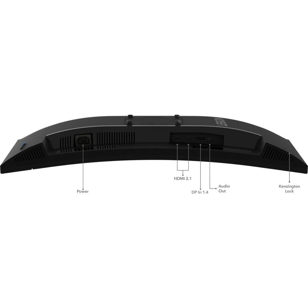 Curved gaming monitor back ports panel with HDMI 2.1, audio out, and Kensington Lock.