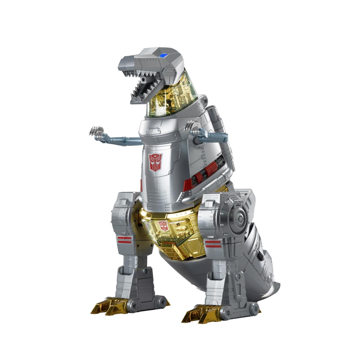 Auto-converting dinosaur robot toy with open jaw head, standing on gold feet