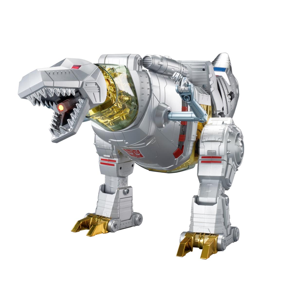 Auto-converting dinosaur robot toy side view, grey armor with gold inner chest