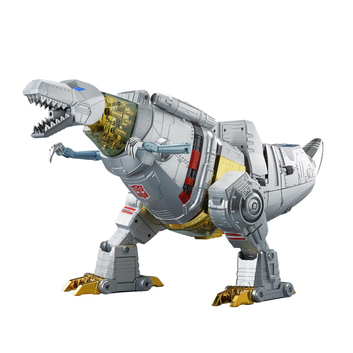 Auto-converting dinosaur robot toy three-quarter view, grey body with gold translucent core