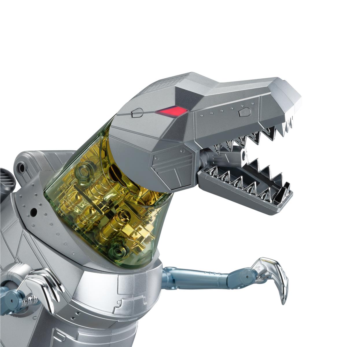 Auto-converting robot toy close-up of dino head and gold translucent chest window