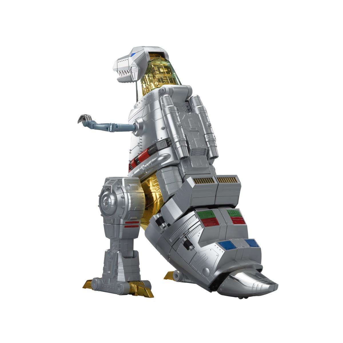 Auto-converting dinosaur robot toy crouched pose, grey armor with gold accents