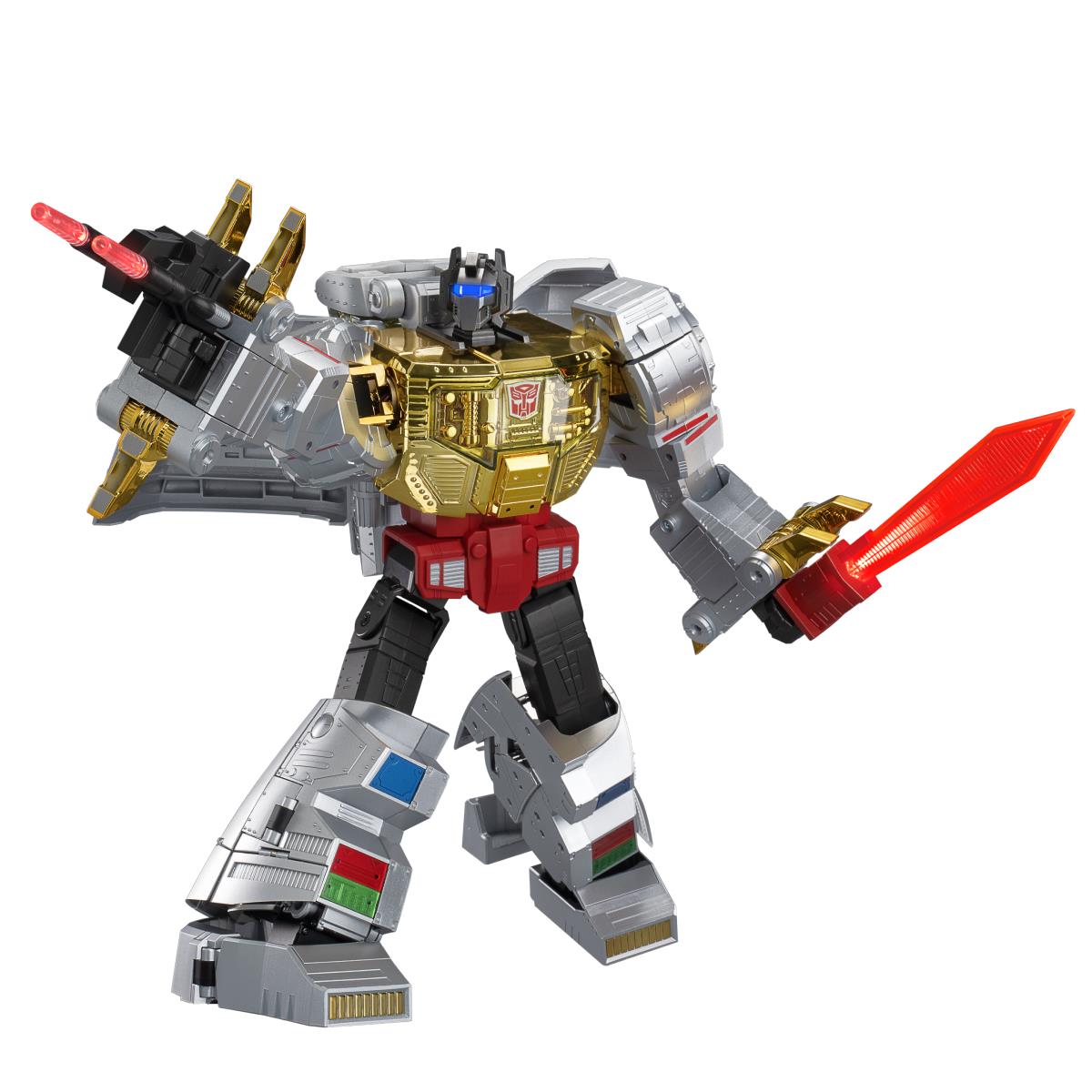 Auto-converting dinosaur robot toy action pose with red weapon-like arm parts