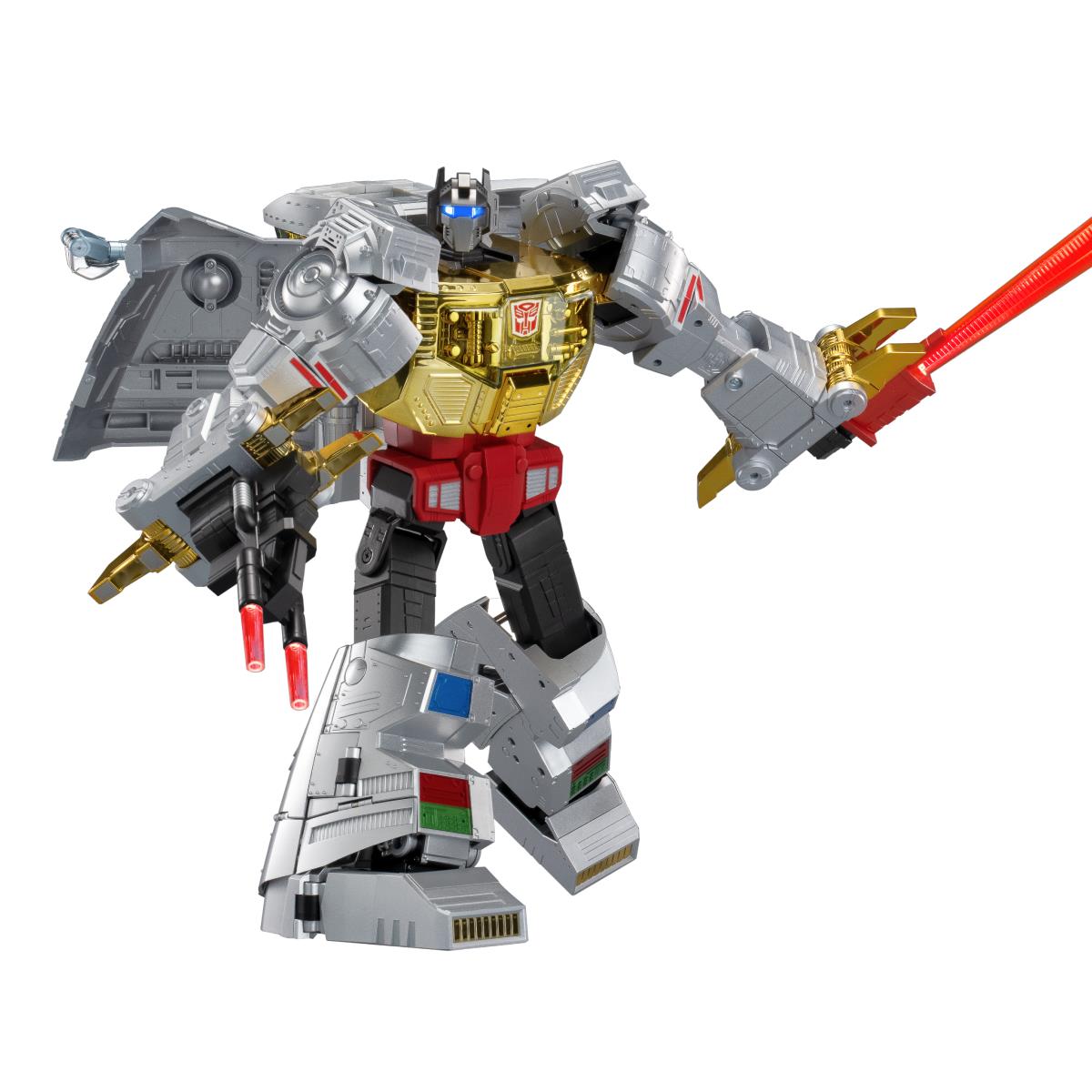 Auto-converting dinosaur robot toy dynamic pose with red arm blades and blue chest light