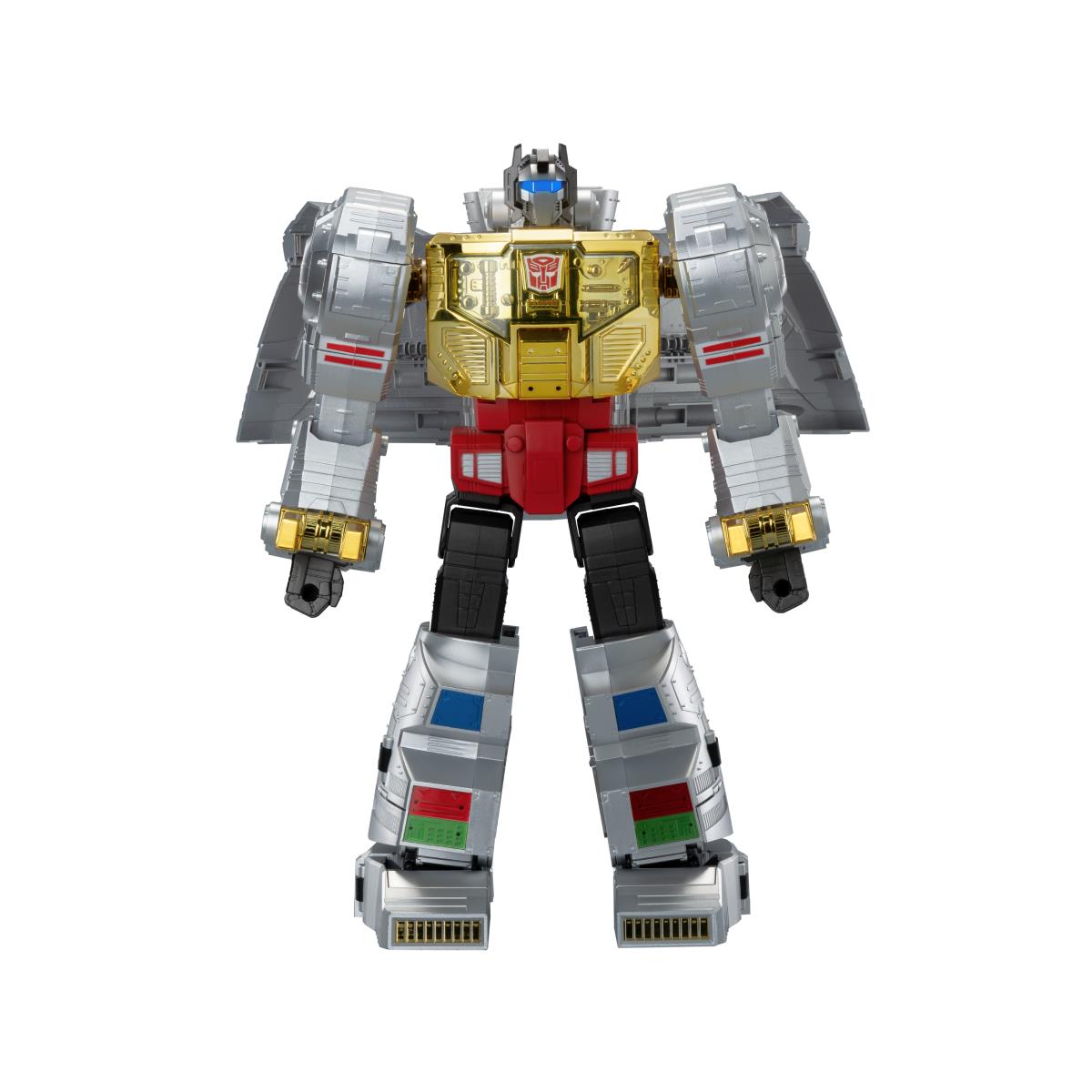 Auto-converting dinosaur robot toy front view with red torso center and gold faceplate
