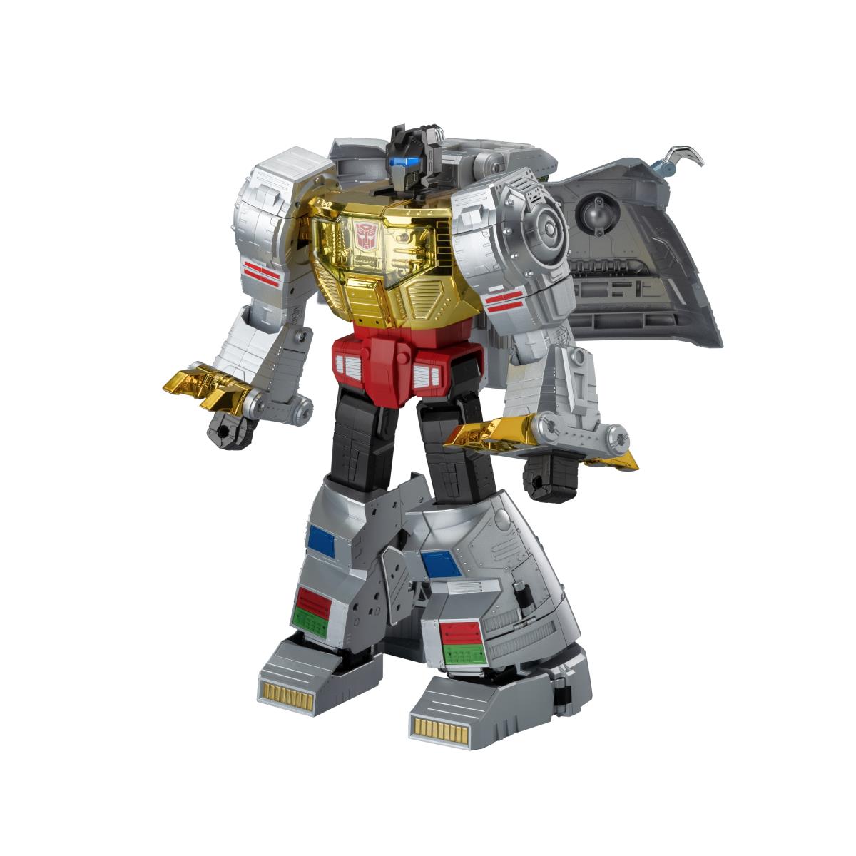 Auto-converting dinosaur robot toy standing side view, grey limbs with gold claw feet