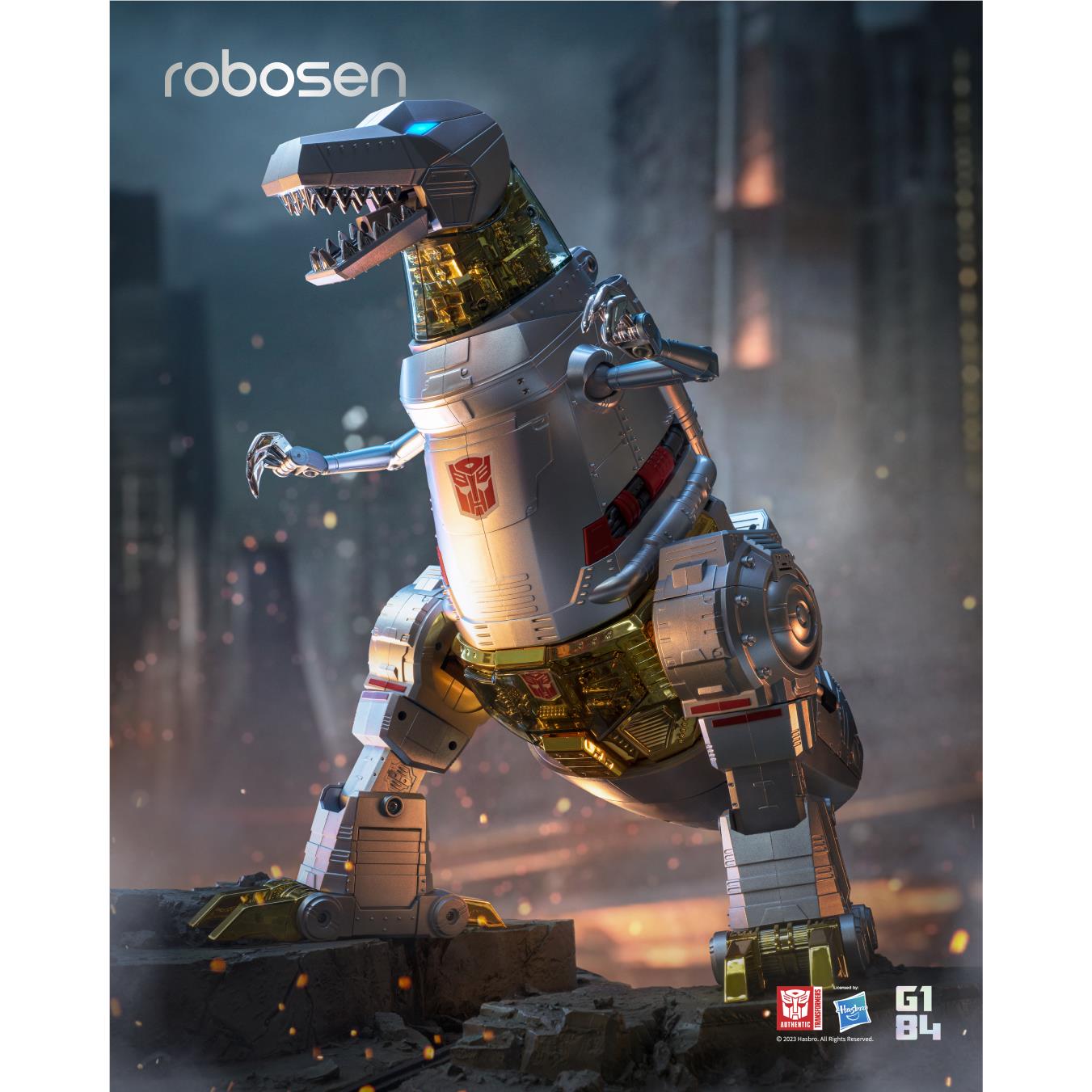 Auto-converting dinosaur robot toy standing with head forward and gold chest core